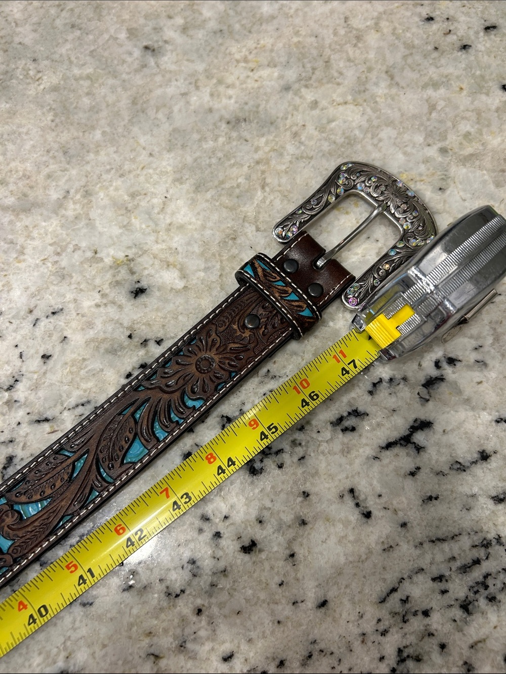 Ariat Brown Leather Belt with Turquoise Accents & Ornate Silver Buckle - Picture 6 of 7